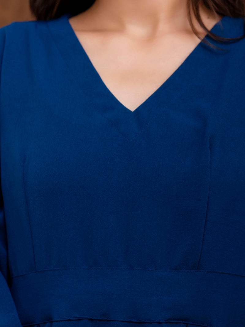 Dark Blue Women's Embroidered Co-ord Set - Viscose Fabric Full Sleeve Short Kurta and Pant