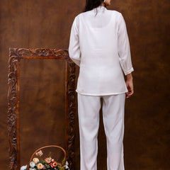 White Women's Embroidered Co-ord Set - Viscose Fabric Full Sleeve Shirt and Pant