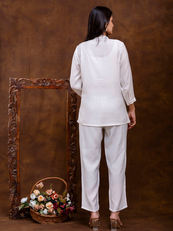 White Women's Embroidered Co-ord Set - Viscose Fabric Full Sleeve Shirt and Pant