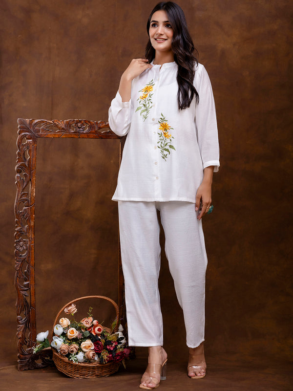 White Women's Embroidered Co-ord Set - Viscose Fabric Full Sleeve Shirt and Pant