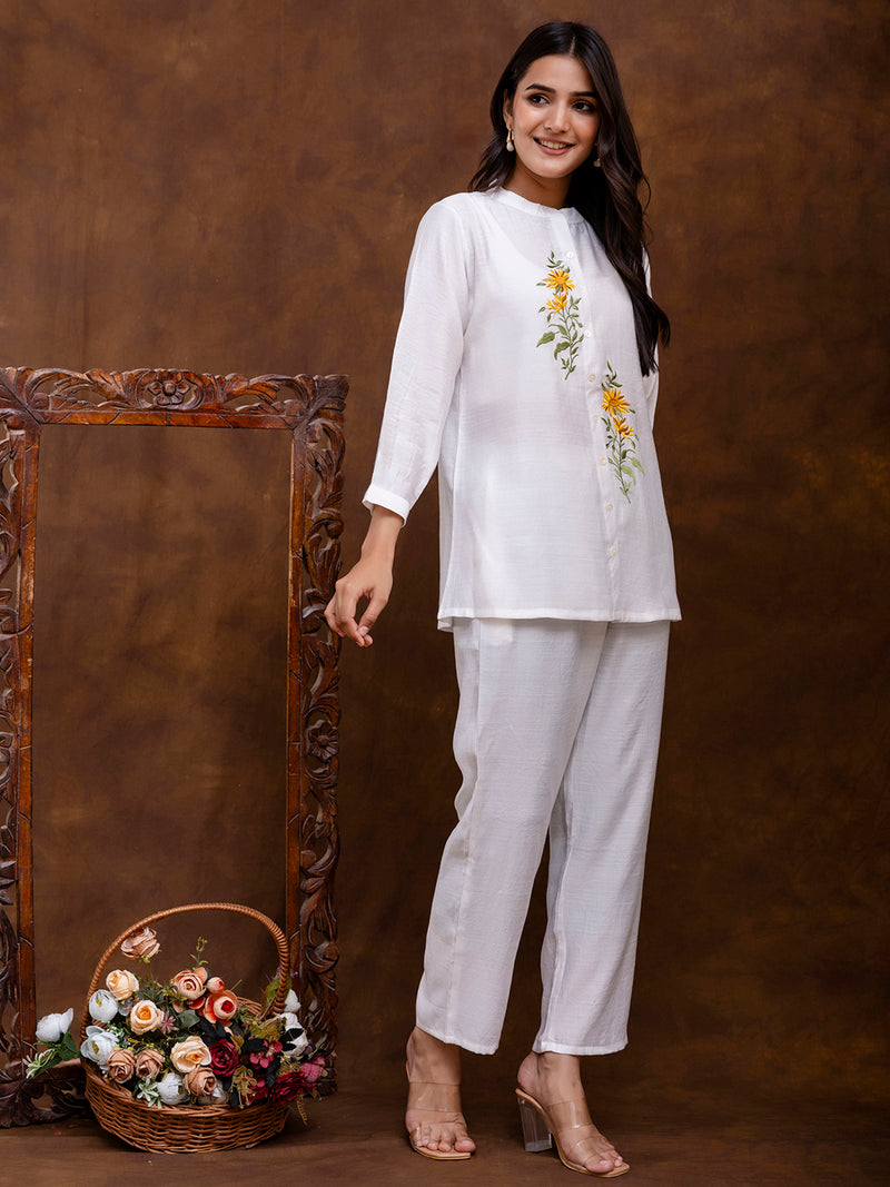 White Women's Embroidered Co-ord Set - Viscose Fabric Full Sleeve Shirt and Pant