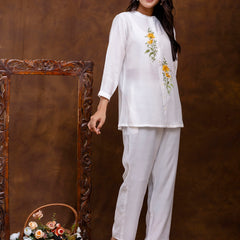 White Women's Embroidered Co-ord Set - Viscose Fabric Full Sleeve Shirt and Pant