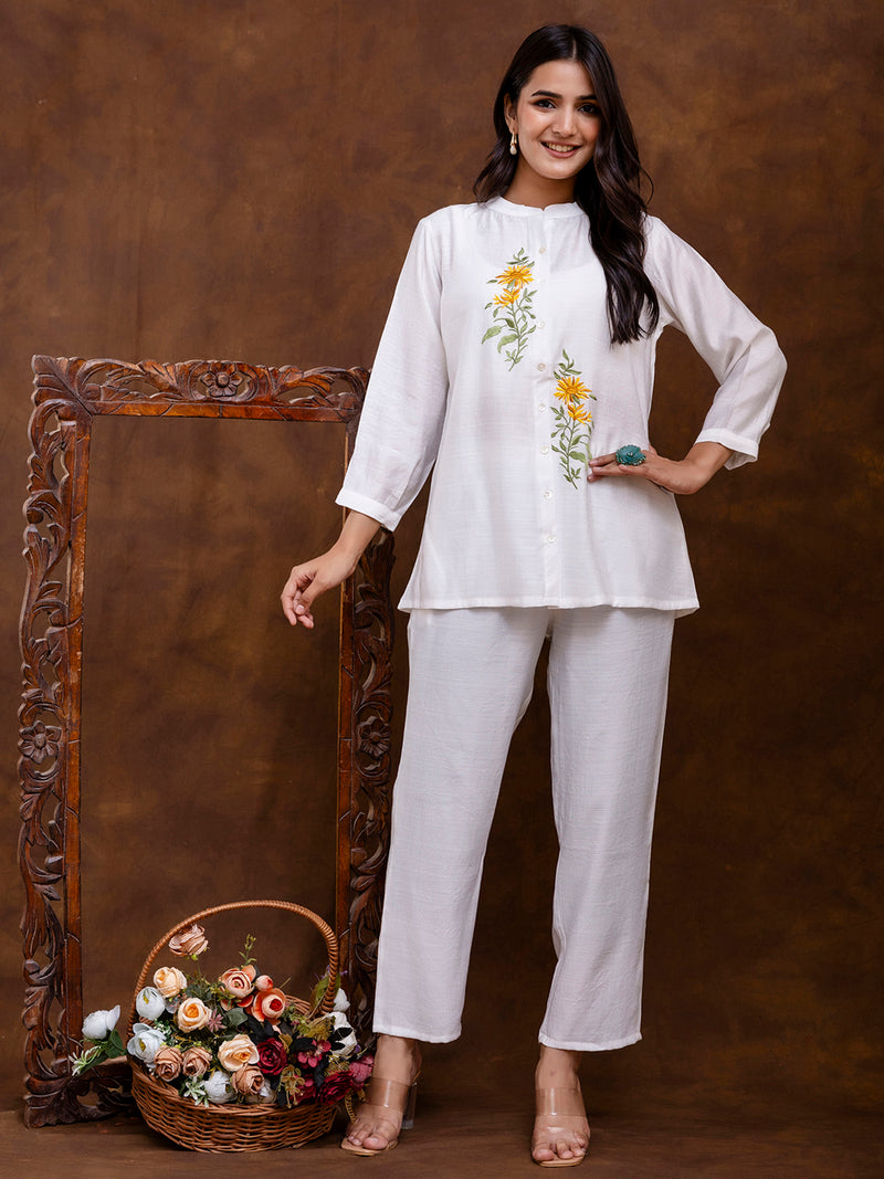 White Women's Embroidered Co-ord Set - Viscose Fabric Full Sleeve Shirt and Pant