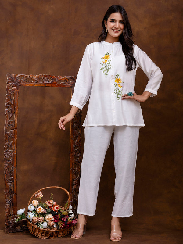 White Women's Embroidered Co-ord Set - Viscose Fabric Full Sleeve Shirt and Pant