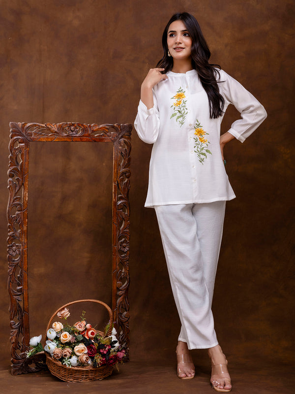 White Women's Embroidered Co-ord Set - Viscose Fabric Full Sleeve Shirt and Pant