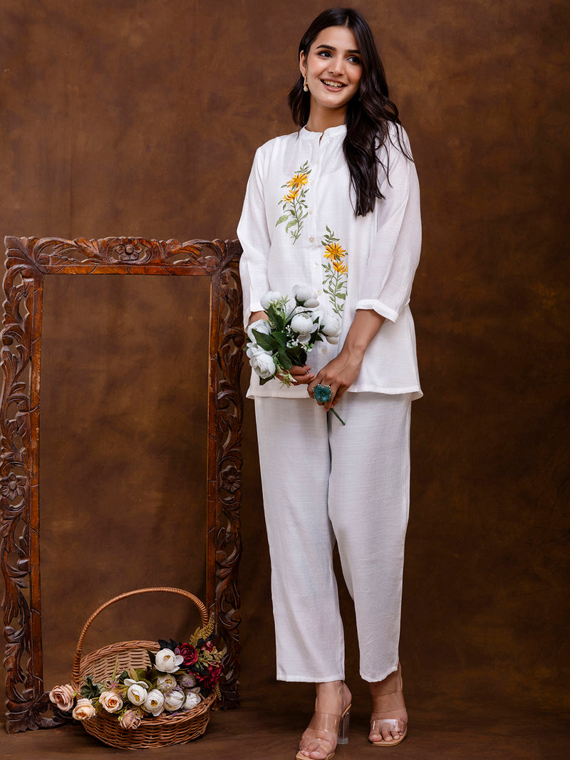 White Women's Embroidered Co-ord Set - Viscose Fabric Full Sleeve Shirt and Pant