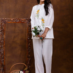 White Women's Embroidered Co-ord Set - Viscose Fabric Full Sleeve Shirt and Pant