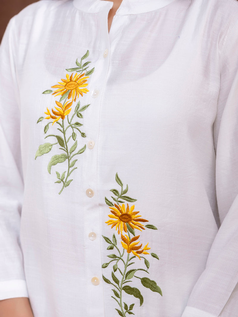 White Women's Embroidered Co-ord Set - Viscose Fabric Full Sleeve Shirt and Pant