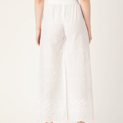 White White Embroidered Cotton Palazzos–Elastic Waist & Ankle-Length with Side Pocket