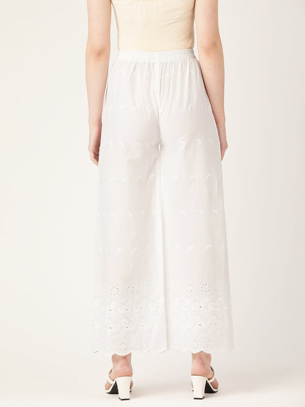 White White Embroidered Cotton Palazzos–Elastic Waist & Ankle-Length with Side Pocket