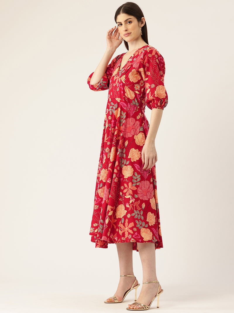Women's Pure Cotton Floral Printed A-Line Gown with 3/4 Puff Sleeves & V-Neck
