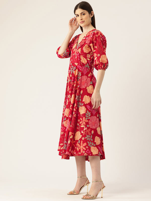 Women's Pure Cotton Floral Printed A-Line Gown with 3/4 Puff Sleeves & V-Neck