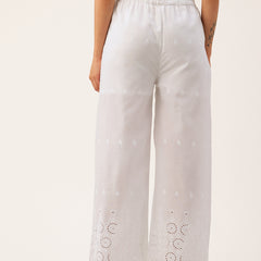 White Embroidered Palazzos–Fully Lined, Elastic Waist & Ankle-Length with Side Pocket