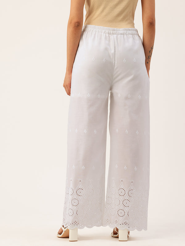 White Embroidered Palazzos–Fully Lined, Elastic Waist & Ankle-Length with Side Pocket