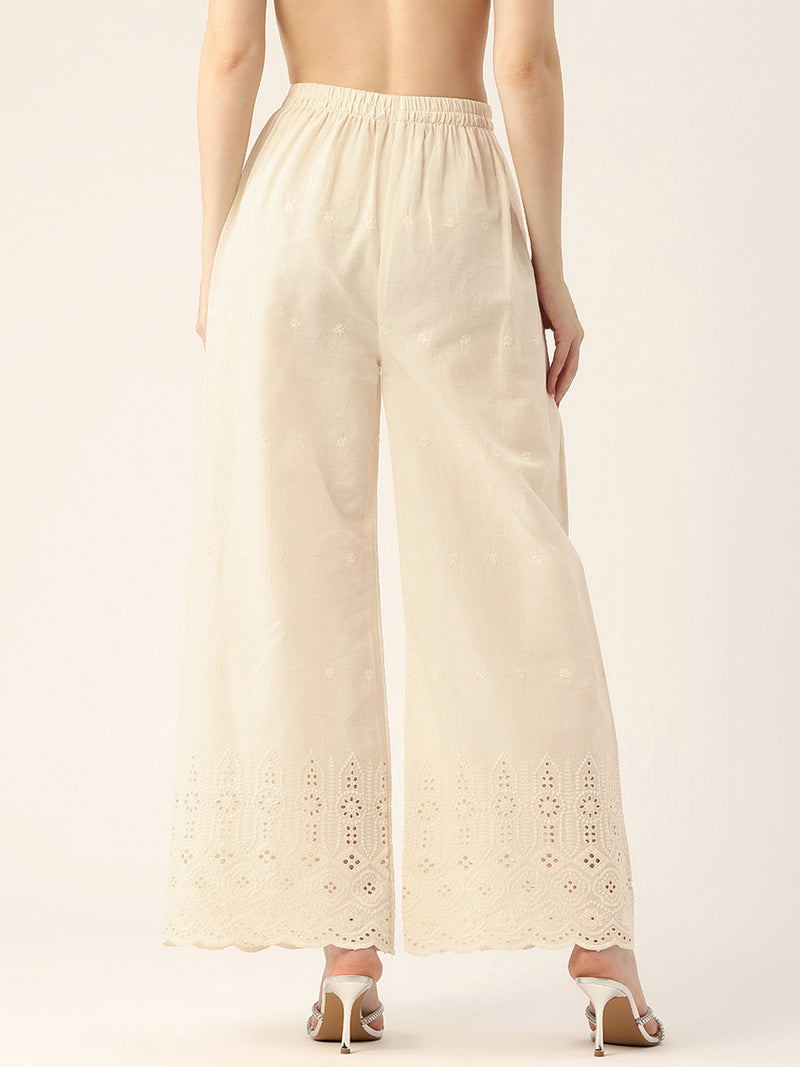 Beige Palazzos | Embroidered Elegnace With Elastic Waist & Single Pocket