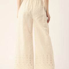 Beige Palazzos | Embroidered Elegnace With Elastic Waist & Single Pocket