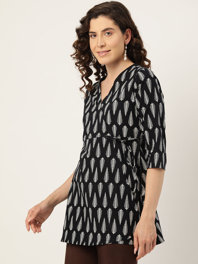 Floral Print Angrakha 3\4 Sleeves Flared Kurti