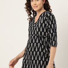 Floral Print Angrakha 3\4 Sleeves Flared Kurti