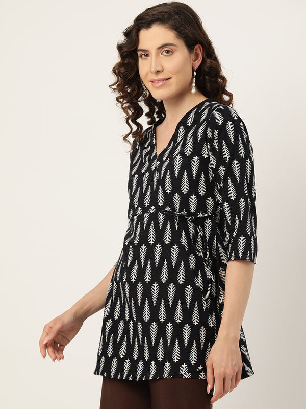 Floral Print Angrakha 3\4 Sleeves Flared Kurti