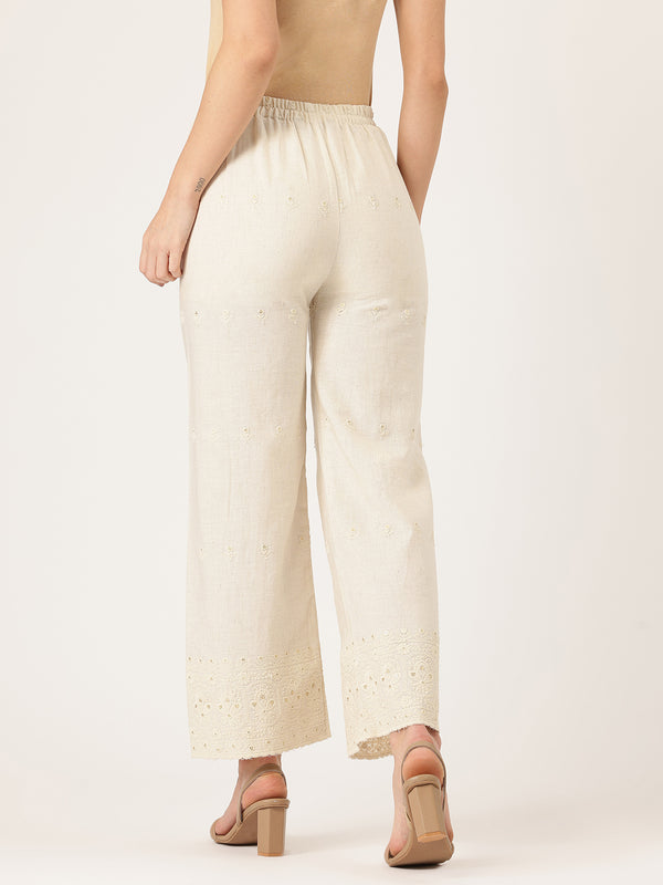 Beige Beige Palazzo|Embroidered, Flax Cotton, Sequin Detail, Ankle-Length, Single Pocket