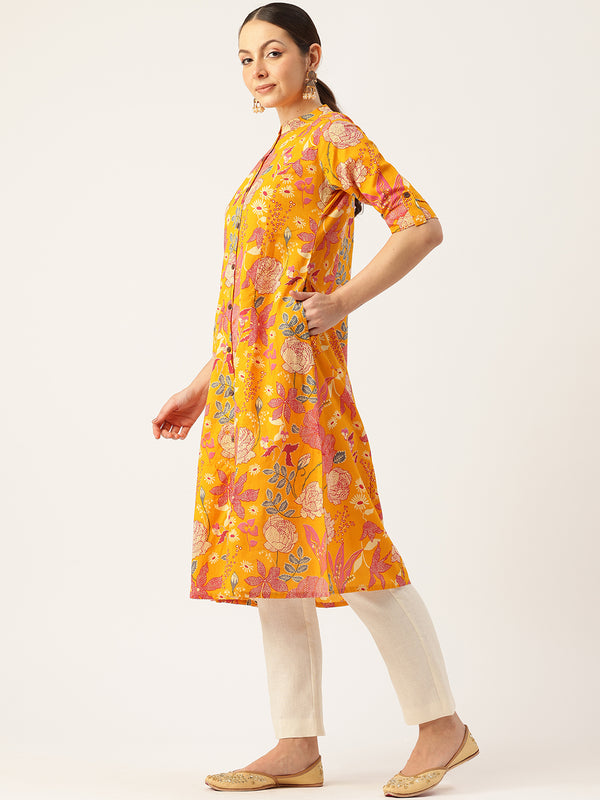 Elegant A-Line Long Kurta for Women - Mandarin Collar with Button Detailing