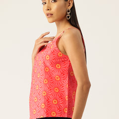 Relaxed fit strappy sleeveless top digitally printed on linen fabric.  | Size- Small |  Colour - Red, Yellow