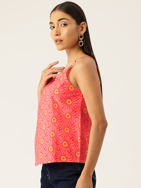Relaxed fit strappy sleeveless top digitally printed on linen fabric.  | Size- Small |  Colour - Red, Yellow