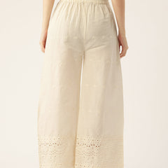 Beige Palazzos | Embroidered Elegnace With Elastic Waist & Single Pocket