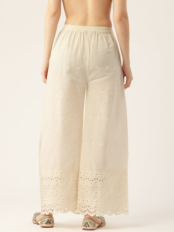 Beige Palazzos | Embroidered Elegnace With Elastic Waist & Single Pocket