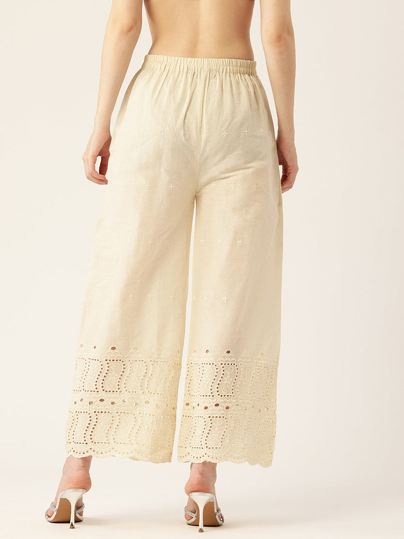 Beige Palazzos | Embroidered Elegnace With Elastic Waist & Single Pocket
