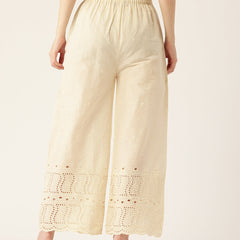 Beige Palazzos | Embroidered Elegnace With Elastic Waist & Single Pocket