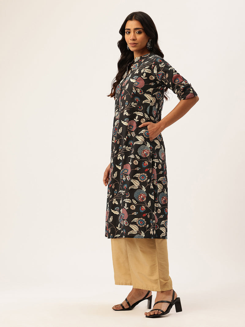 Elegant A-Line Long Kurta for Women - Mandarin Collar with Button Detailing