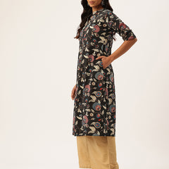 Elegant A-Line Long Kurta for Women - Mandarin Collar with Button Detailing