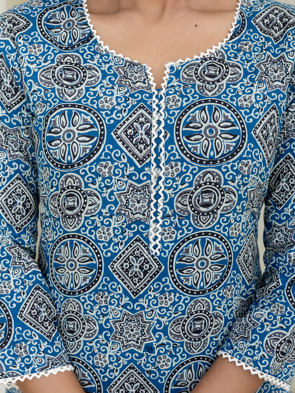 Printed Cotton Lace-Detail Kurta Set with Ankle-Length Pants and Graceful Dupatta