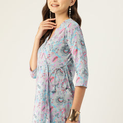 Floral Print Angrakha 3\4 Sleeves Flared Kurti