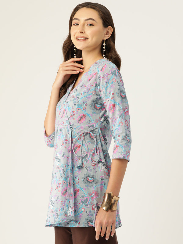 Floral Print Angrakha 3\4 Sleeves Flared Kurti