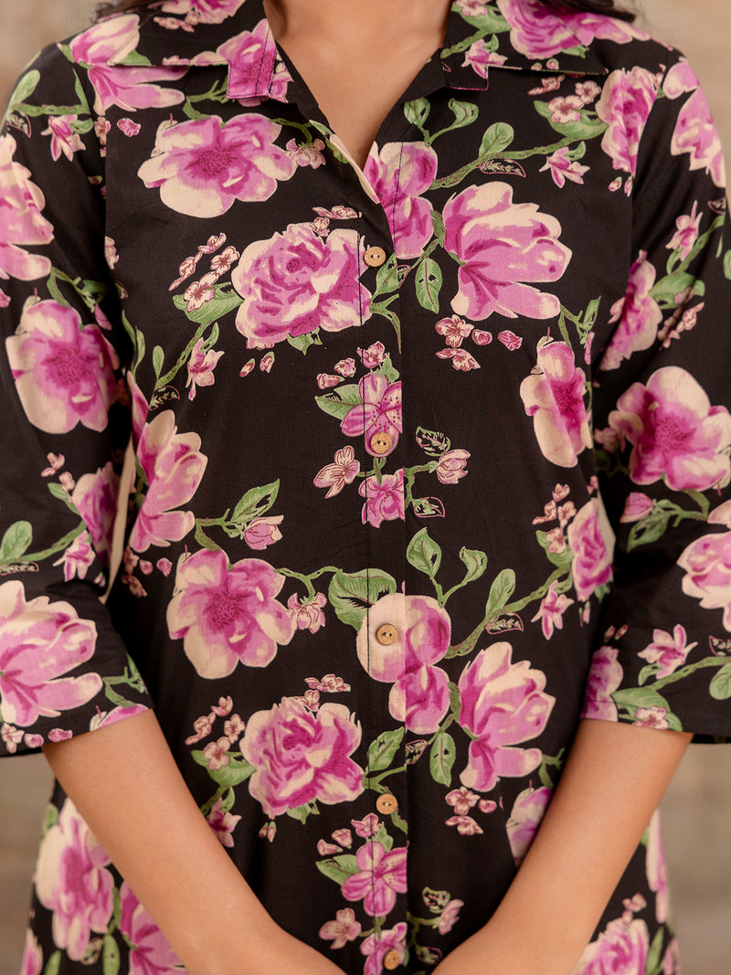 Black Women’s Co-Ord Set–Printed Collared Kurta with 3/4 Sleeves & Elastic Waist Pants