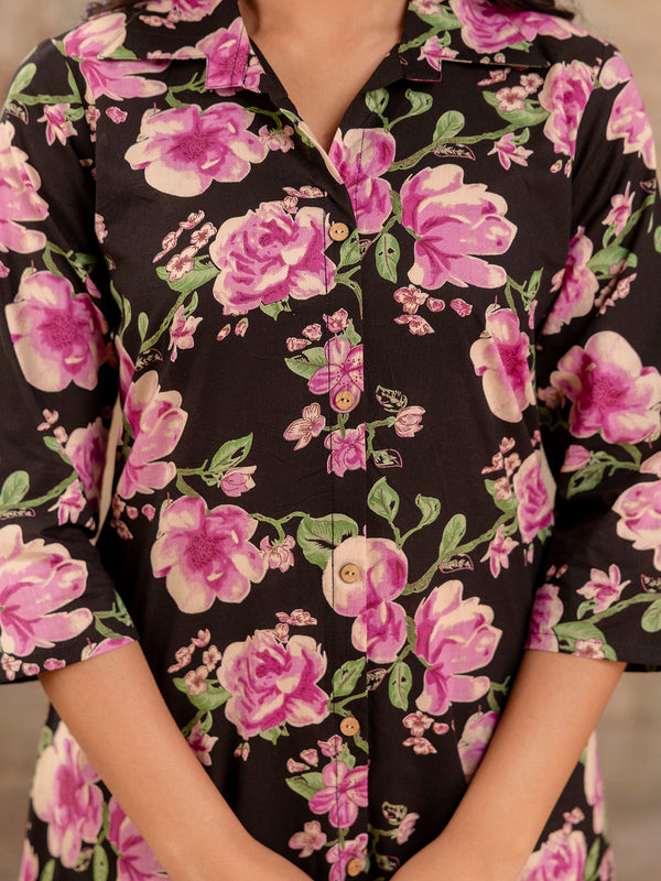 Black Women’s Co-Ord Set–Printed Collared Kurta with 3/4 Sleeves & Elastic Waist Pants