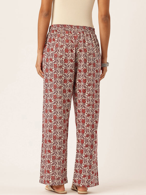 Red Women Pure Cotton Paisley Printed Palazzo Pants | Elastic Waist | Wide Leg