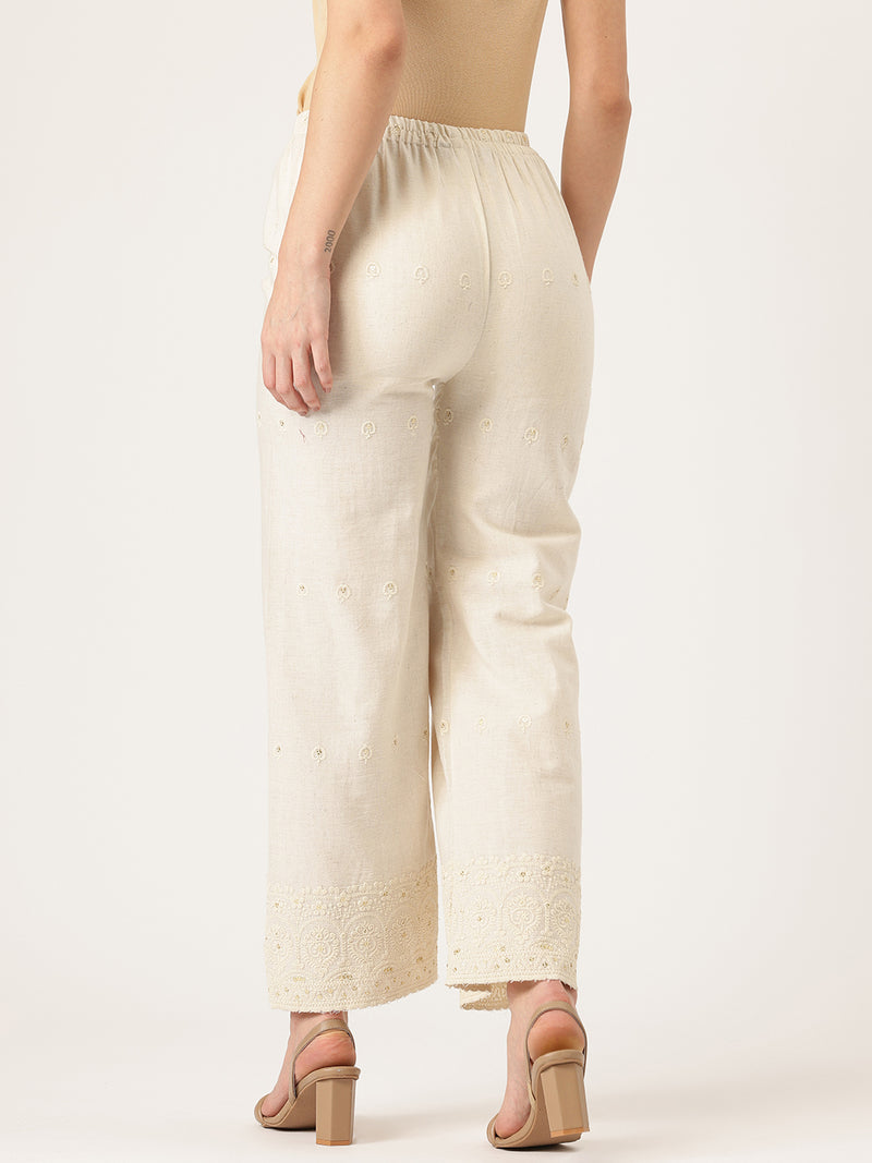 Beige Beige Palazzo|Embroidered, Flax Cotton, Sequin Detail, Ankle-Length, Single Pocket