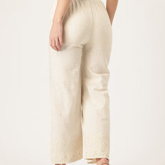 Beige Beige Palazzo|Embroidered, Flax Cotton, Sequin Detail, Ankle-Length, Single Pocket