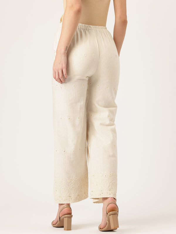 Beige Beige Palazzo|Embroidered, Flax Cotton, Sequin Detail, Ankle-Length, Single Pocket