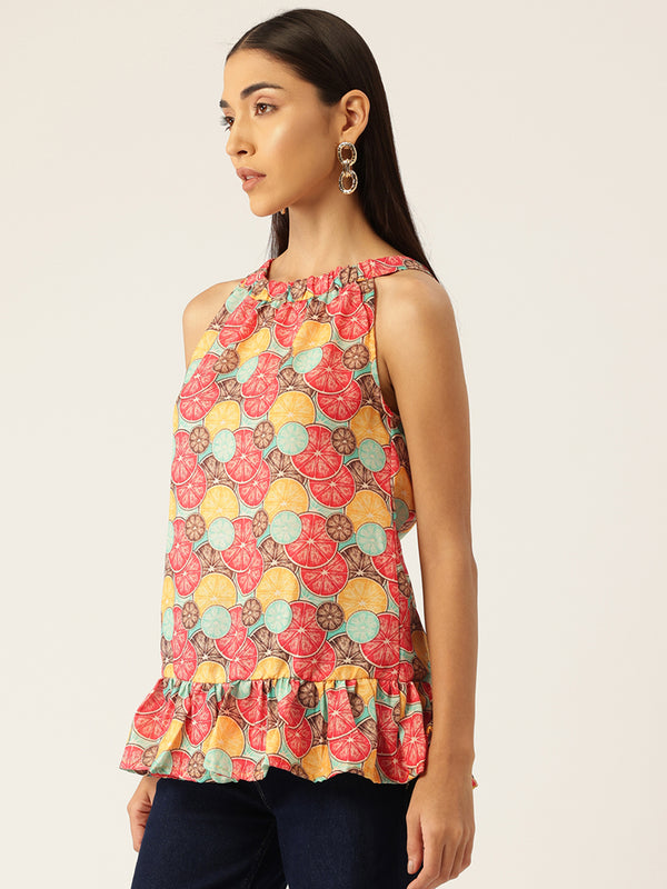 Cropped Sleeveless Elasticated Neck Bottom Flared Top with digital print on linen fabric.  | Size- Small |  Colour - Magenta, Green, Aqua, Yellow