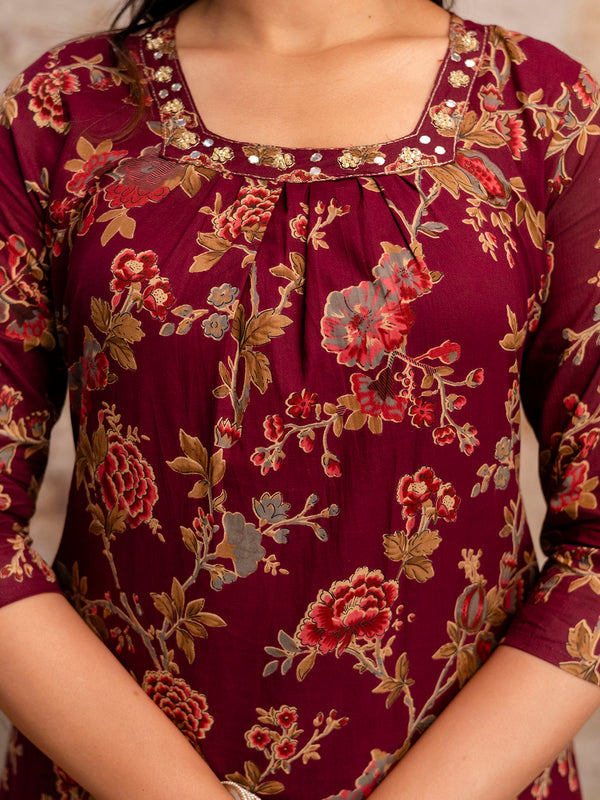 Pure Cotton Marron Printed 3-Piece Kurta Set with Square Neckline & Dupatta