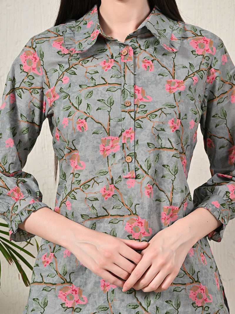 Grey Elegant Collared Co-Ord Set with Frill Detail & Elasticated Pants