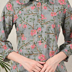 Grey Elegant Collared Co-Ord Set with Frill Detail & Elasticated Pants