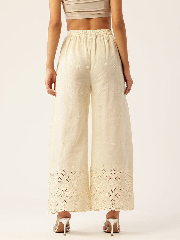 Beige Palazzos | Embroidered Elegnace With Elastic Waist & Single Pocket