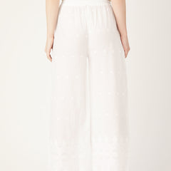 White White Embroidered Cotton Palazzos–Elastic Waist & Ankle-Length with Side Pocket