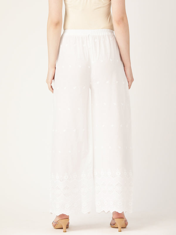 White White Embroidered Cotton Palazzos–Elastic Waist & Ankle-Length with Side Pocket