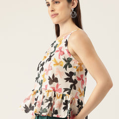 Cropped Sleeveless strap Peplum top with digital print on linen fabric.| Size- Small| Colour - White, Black, Grey, Yellow